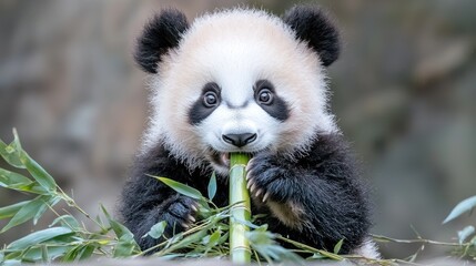 Fototapeta premium Cute Baby Panda Eating Bamboo in Nature. Possible use Children's book illustration, educational materials