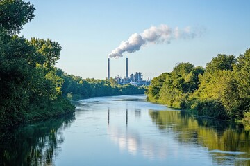 Obraz premium Industrial Pollution: River Reflects Smokestacks' Emissions, Green Banks Frame Factory's Impact on Environment