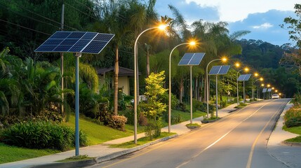 sustainable business practices ethics. Solar-powered streetlights illuminate a peaceful residential road at dusk.