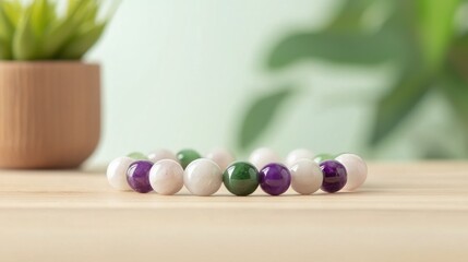 Smooth Jade and Amethyst Healing Bracelet on Natural Wooden Table