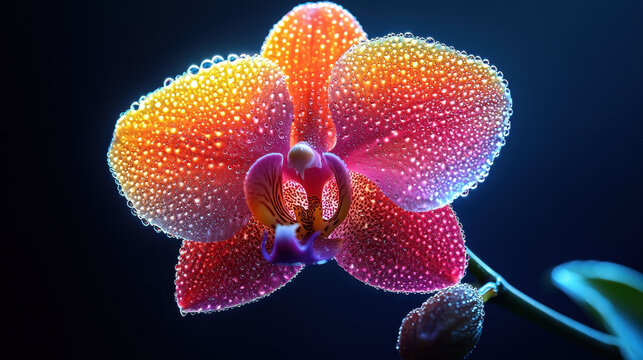 closeup of vibrant orchid with glowing petals and water droplets