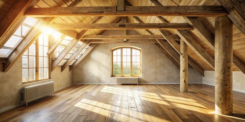 Sunlit Attic Room with Exposed Wooden Beams and Hardwood Floors