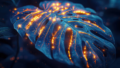 Obraz premium Intricate monstera leaf glowing with vibrant details in dark setting