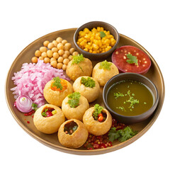 traditional indian street food Panipuri plate isolated with onion slices and chutney