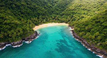 Aerial View of Tropical Island Cove with Turquoise Water and Lush Forest