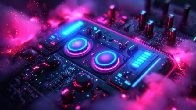 Futuristic glowing console in a smoky environment