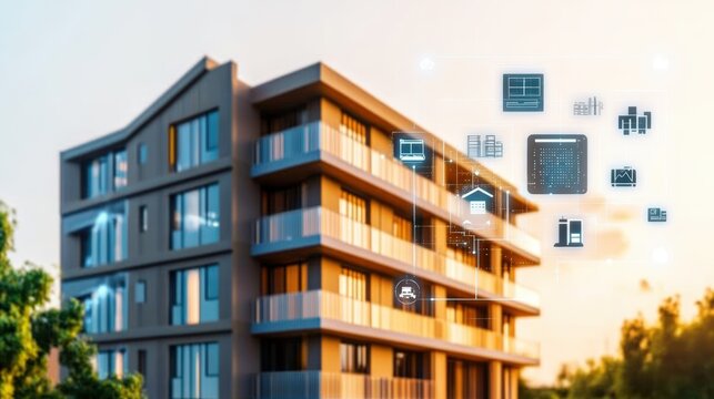 House with smart home app interface showing digital overlay for iot connected public services technology