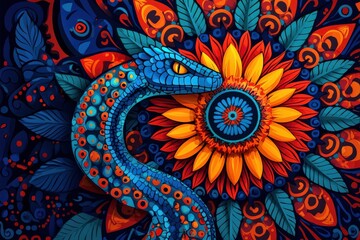 Dynamic Abstract Snake Artwork with Floral Background Vibrant Colors Digital Illustration Artistic Environment Close-Up Viewpoint