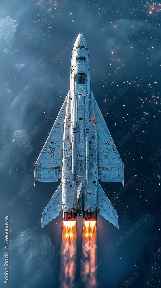 Wall mural futuristic spaceship taking off in space - vertical view