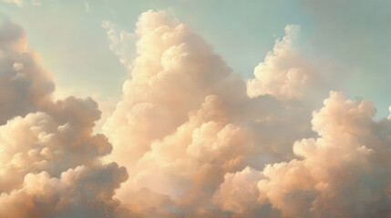 A delicate arrangement of fluffy, cumulus clouds in warm pastel shades of peach and cream, softly lit by morning sunlight