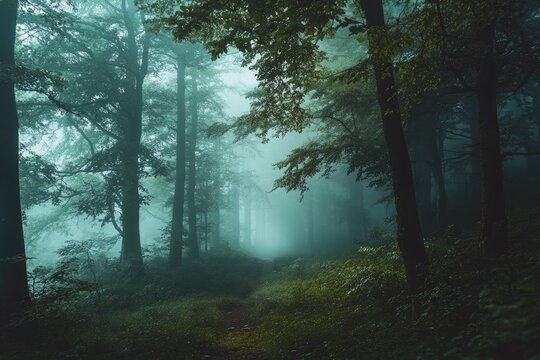 Fototapeta Misty forest path, nature background, serene landscape, hiking trail