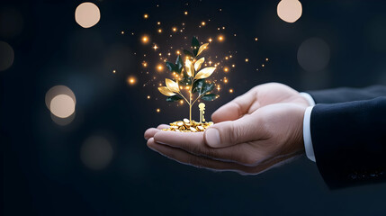 Hand holding a Christmas tree, light bulb, and magic wand symbolizing growth, nature, and new beginnings