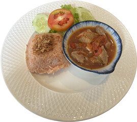 Rice with roasted pork.