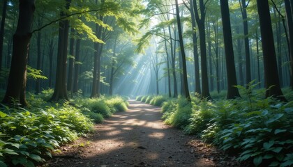 Obraz premium Sunlit forest path with lush greenery and majestic trees