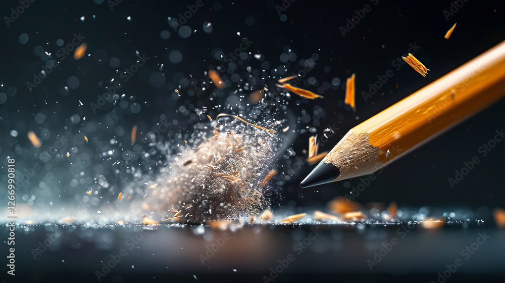 Poster pencil erasure: a pencil point digs into an eraser, creating a burst of graphite dust in an explosio