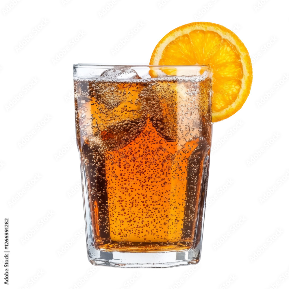 Poster refreshing orange soda with ice in clear glass, garnished with slice of orange. perfect for summer e
