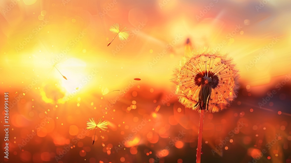 Poster a dandelion is in the foreground of a field with a bright sun in the background