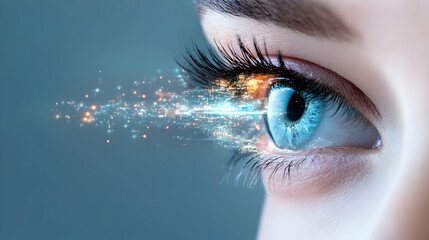 Winter beauty model with glamorous makeup and sensual smile, featuring cold blue tones, snowy background, and elegant fashion