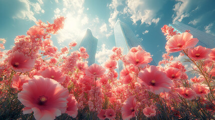 Architektura miejsca, drapacze chmur wśr&oacute;d kwiat&oacute;w, wysokie budynki, tło generative ai