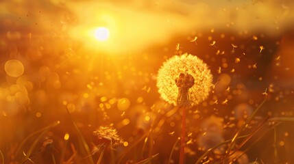 Fototapeta premium A dandelion is in a field with the sun shining on it
