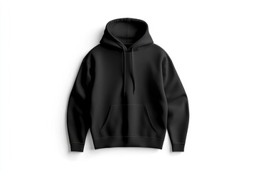 MOCKUP OF A BLACK HOODIE, FRONT VIEW ON WHITE PLAIN BACKGROUND.