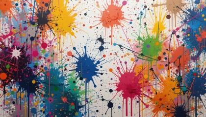 Dynamic abstract painting with colorful paint splashes and drips on canvas