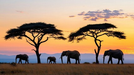 Fototapeta premium Majestic Elephants Walking Silhouetted Against a Stunning Sunrise in African Landscape