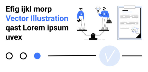 Business professionals balancing work and innovation, holding briefcase and light bulb, stylized document on clipboard. Ideal for team collaboration, project management, decision making, creativity