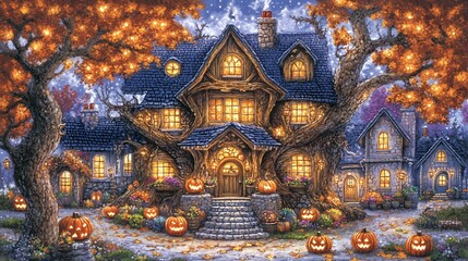 Obraz premium Enchanted Halloween House Gleaming Warmly Lit. AI Generated