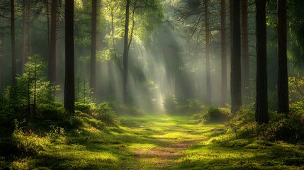 Fototapeta premium Sunbeams Illuminate a Misty Forest Path