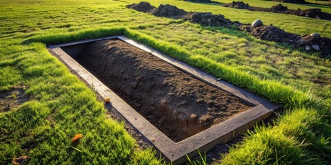 A newly dug grave, freshly filled earth awaits its final resting place, surrounded by vibrant green grass in the setting sun