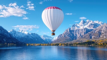 Fototapeta premium Hot air balloon soaring over lake, snow-capped mountains; travel adventure