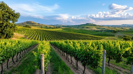 Naklejka premium Vast Vineyards Under Blue Sky with Rolling Hills and Lush Green Grapevines in Beautiful Landscape