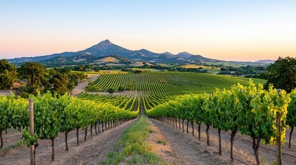Fototapeta premium Scenic Vineyard Landscape with Mountains at Sunset in California's Wine Country