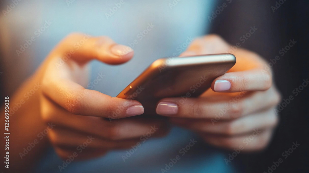 Poster hands engaged with smartphone while focusing on digital interaction in a cozy indoor setting during 