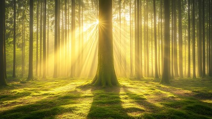 Fototapeta premium Sunlit Forest Scene With Moss Covered Ground