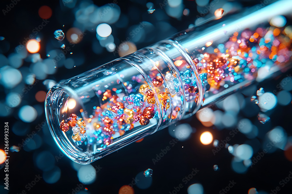 Poster vibrant, multicolored beads cascade within a transparent cylinder, creating a mesmerizing visual. pe