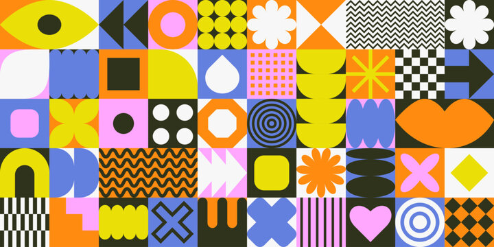 Set with different geometric shapes for design.Trendy geometric brutalism forms, memphis elements, y2k style. Seamless pattern in bauhaus style