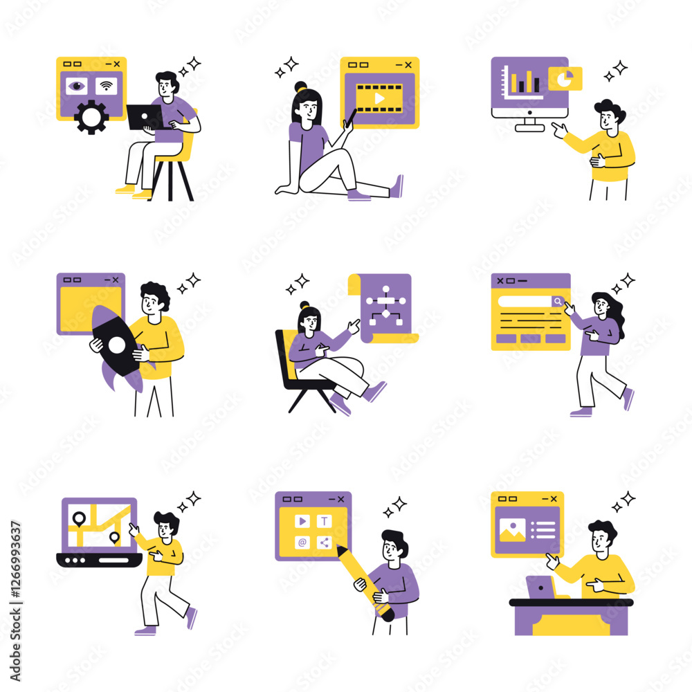 Poster web development concept vector illustration set 4. isolated on white background.