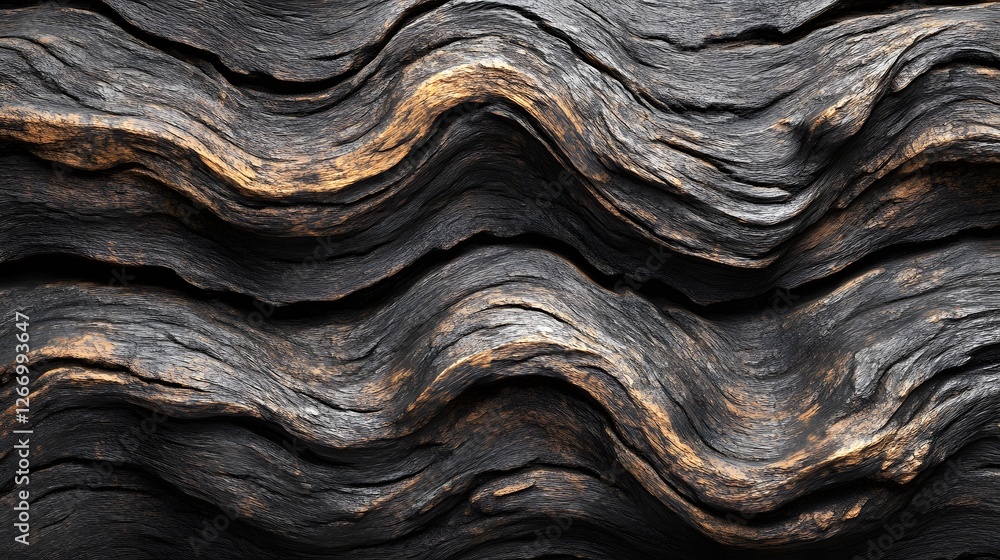 Poster Intricate texture of dark wood with wavy patterns. Abstract natural background. Gnarled surface detail texture background. Dark Wood Texture: Abstract Waves of Ancient Timber