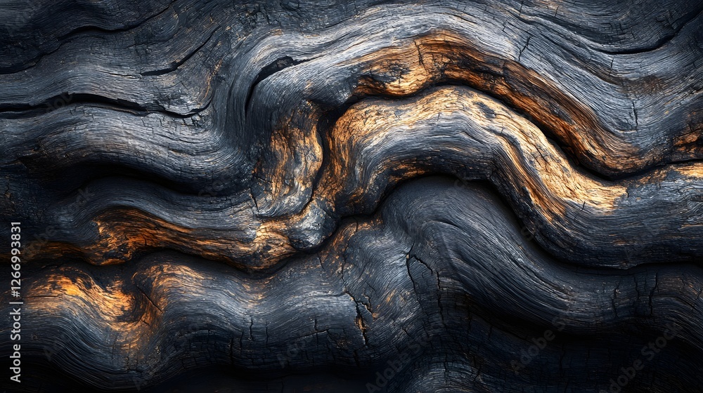 Poster Abstract close-up showcasing the intricate texture and pattern of charred wood. Deep blacks and golden hues create a striking visual. Gnarled surface Wood Grain Abstract detail texture background.