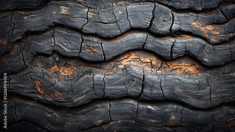 Poster close-up of charred wood, showcasing its striking texture and color contrast. burnt orange accents w