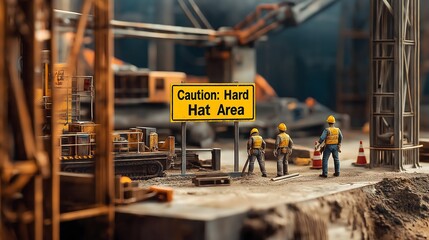 Construction Site Miniature Diorama Industrial Workers Safety Area Warning Sign Scale Model Professional Building Scene Realistic Detail