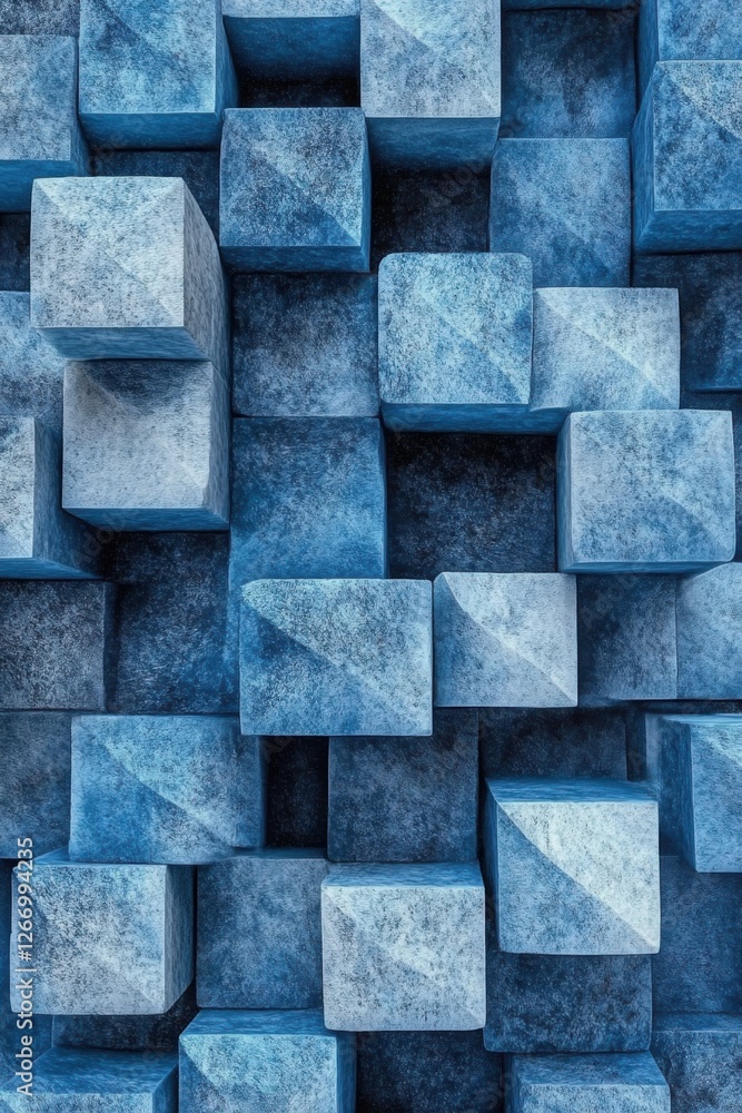Poster abstract blue cube pattern: a 3d textured mosaic of geometric shapes