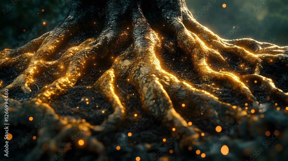 Poster close-up of illuminated golden tree roots, magical forest scene. gnarled tree roots detail texture b