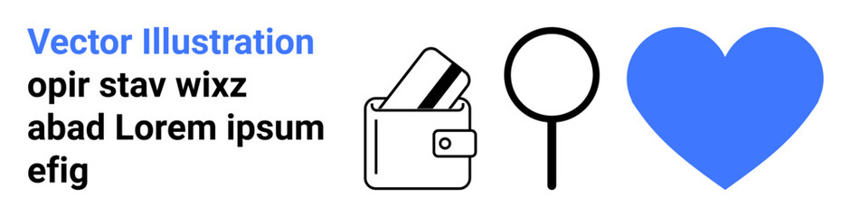 Wallet holding credit cards next to a magnifying glass and a blue heart. Ideal for online payments, financial security, love for shopping, data privacy, customer care, trust, and digital wallets