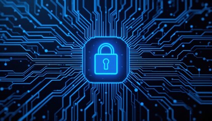 Digital circuitry with padlock icon representing cybersecurity and data protection