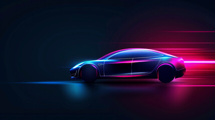 Electric Speed: Sleek electric car speeding, neon lights streak across the dark background, showcasing futuristic design and dynamism.