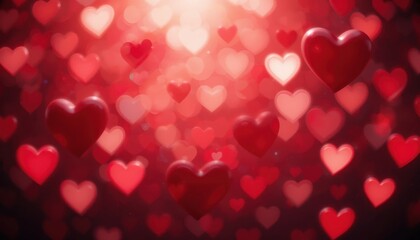 Romantic red heart bokeh background with soft light and floating hearts