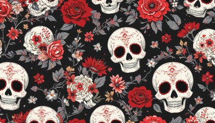 Colorful floral sugar skulls and red roses pattern on black background